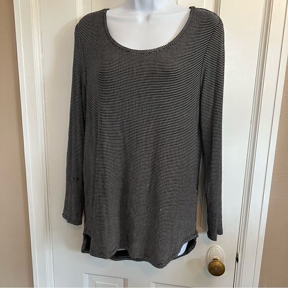 LC Lauren Conrad Womens Black Striped Long Sleeve Tie Bow Keyhole Back Blouse - Picture 3 of 8